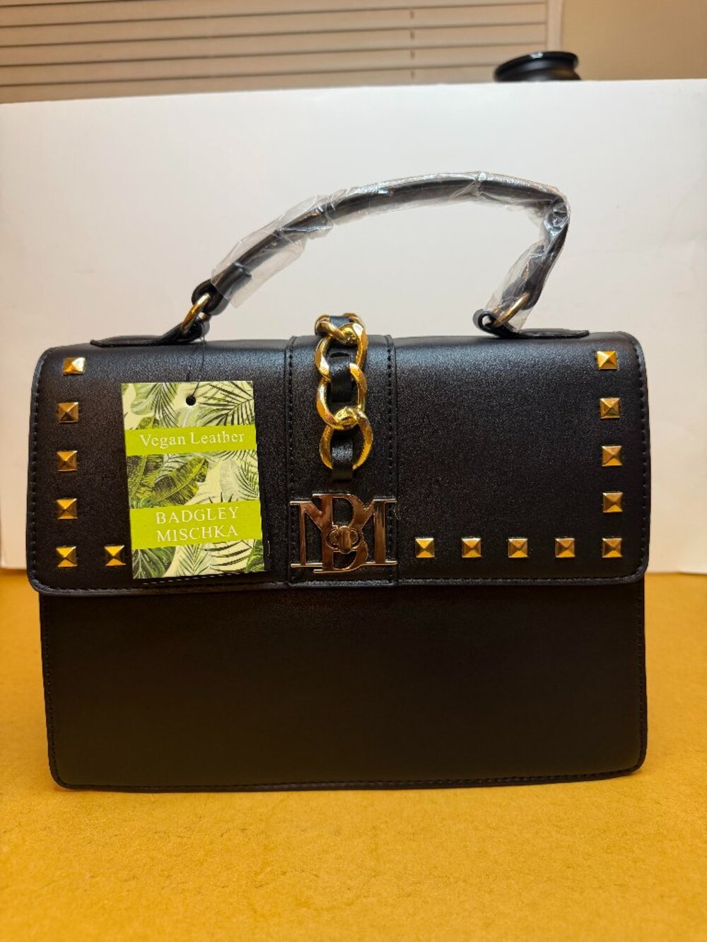 Badgley Mischka NWT Black Top-Handle Satchel with Gold Stud & Chain